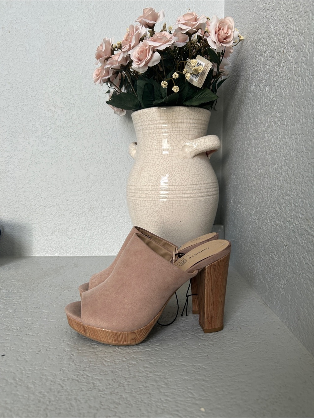 New Chinese Laundry Blush Suede Open-Toe Block Heel Mules